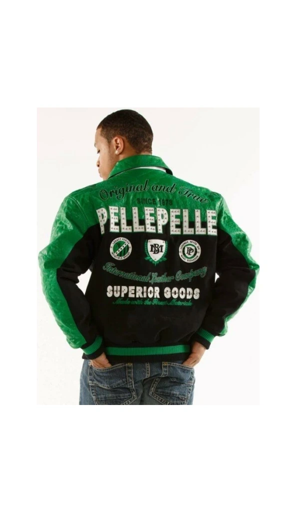 Pelle Pelle Green Black Varsity Jacket | Wool Leather Jacket