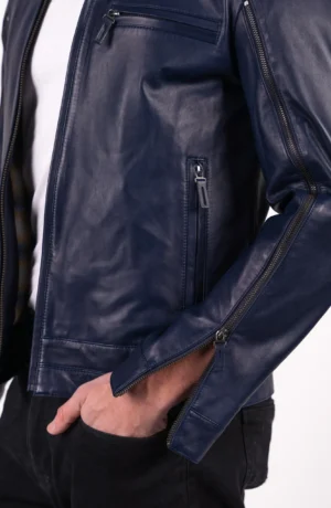 Biker Zipper Mens Leather Jacket Navy Blue