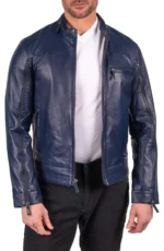 Biker Zipper Mens Leather Jacket Navy Blue