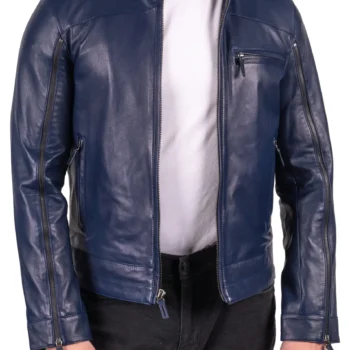 Biker Zipper Mens Leather Jacket Navy Blue