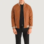 Men Varsity Tan Leatherette Jacket | Varsity Jacket, Tan Jacket, Varsity Jacket, Varsity Leather Jacket, Men Varsity Jacket