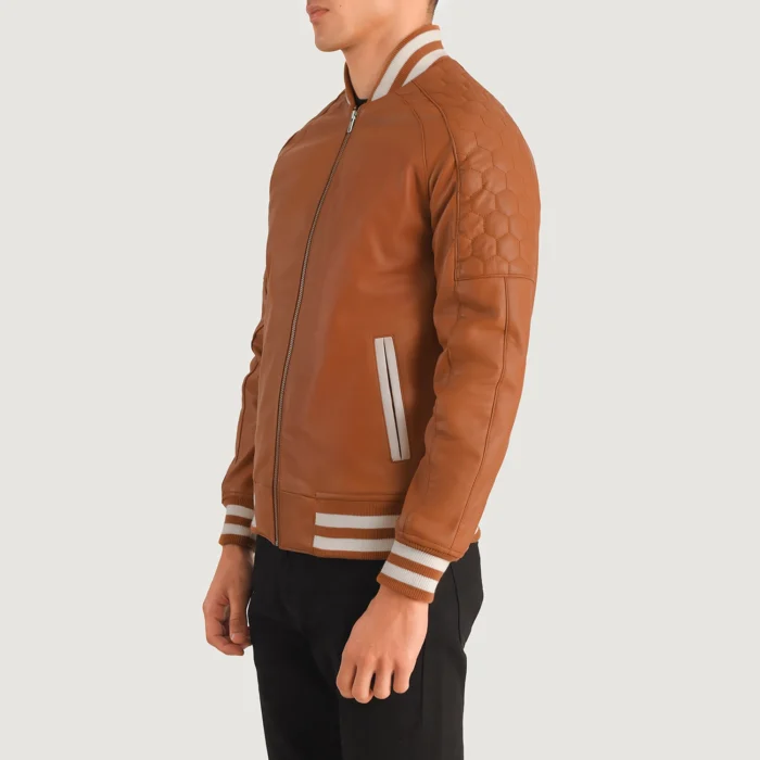 Men Varsity Tan Leatherette Jacket | Varsity Jacket