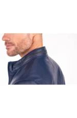 Biker Zipper Mens Leather Jacket Navy Blue