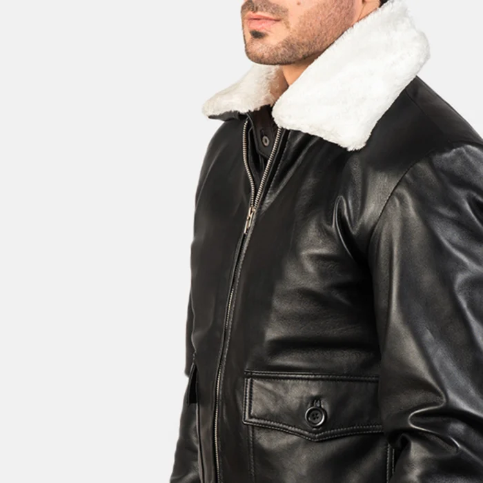 Black Bomber Mens Biker Jacket With Fur Collar