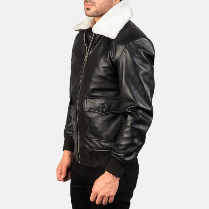 Black Bomber Mens Biker Jacket With Fur Collar