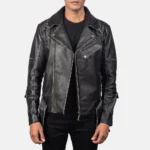 Men's Black Leather Jacket Belted