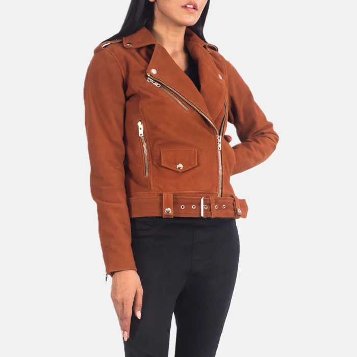 Women's Brown Suede Leather Jacket Belted | Moto Jacket