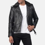 Black Leather Biker Jacket with Fur Collar