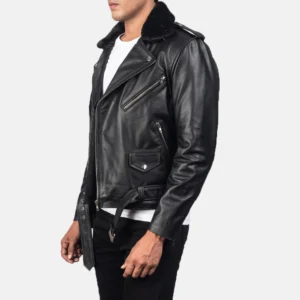 Black Leather Biker Jacket with Fur Collar