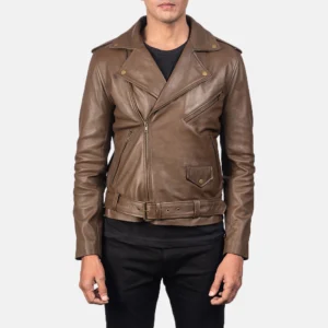 Men's Brown Racing Leather Jacket Belted