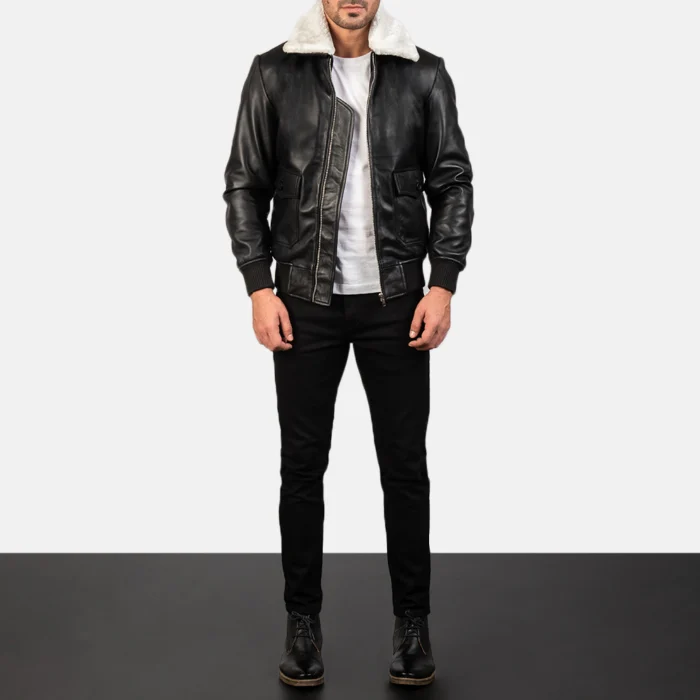 Black Bomber Mens Biker Jacket With Fur Collar, Black Jacket, Black Bomber Jacket, Bomber Biker Jacket, Black Jacket