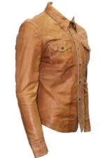 Light Brown Leather Shirt Jacket