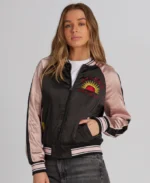 Pink Black Embroidered Bomber Jacket