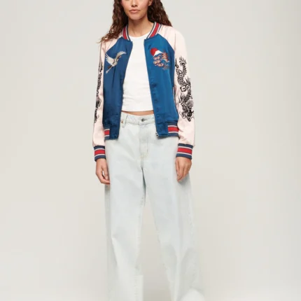 Pink Blue Embroidered Bomber Jacket