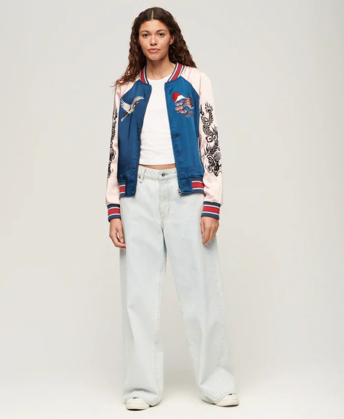 Pink Blue Embroidered Bomber Jacket