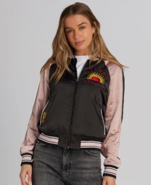 Pink Black Embroidered Bomber Jacket