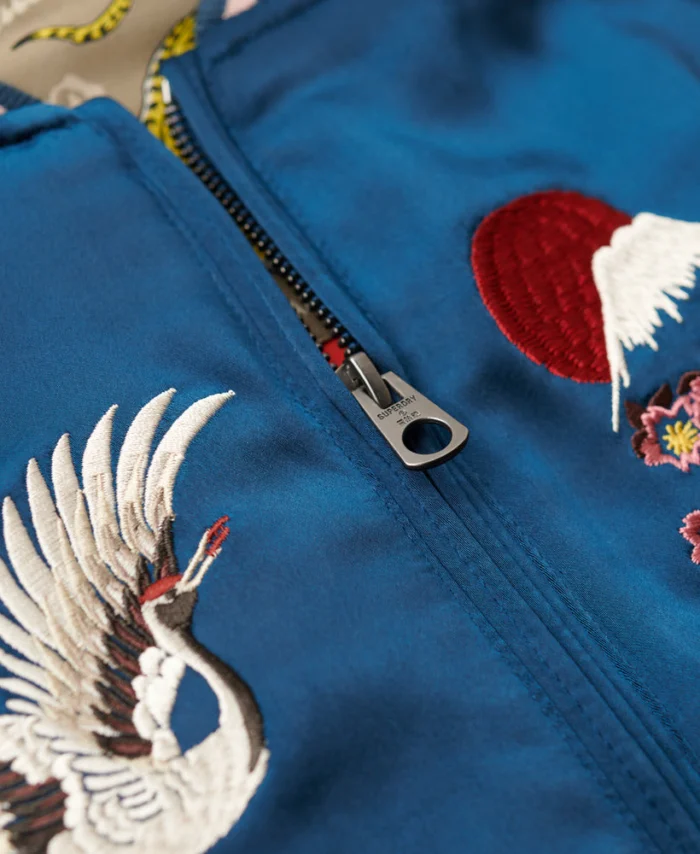 Pink Blue Embroidered Bomber Jacket