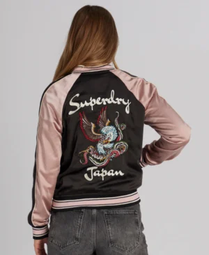 Pink Black Embroidered Bomber Jacket