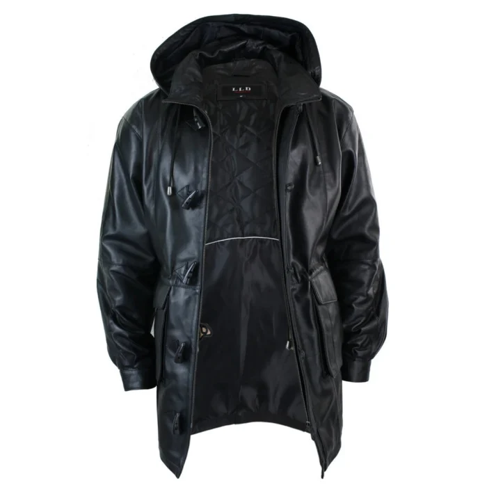 Black Men Leather Hooded Coat