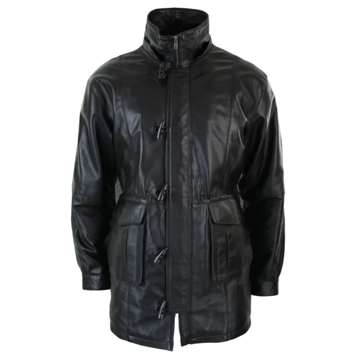 Black Men Leather Hooded Coat