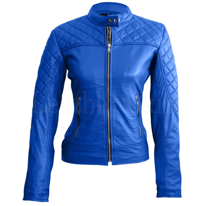 Quilted Biker Blue Leather Jacket