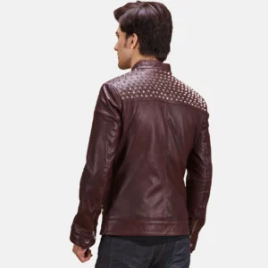 Quilted Burgundy Biker Jacket Men