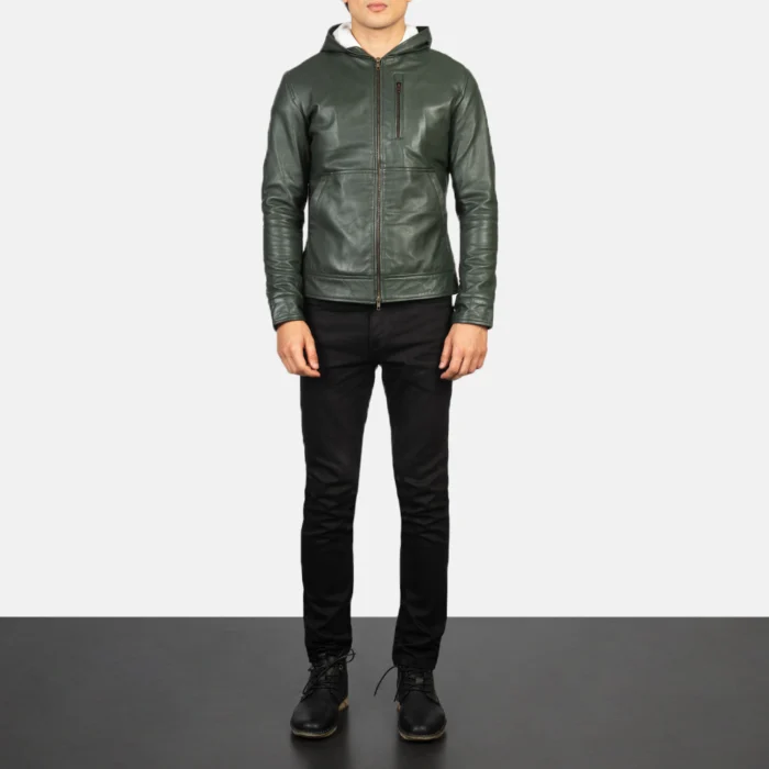 Men Bomber leather Jacket Dark Green With Hood