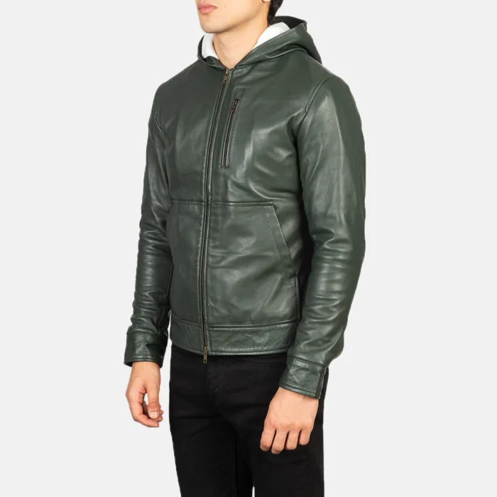 Men Bomber leather Jacket Dark Green With Hood