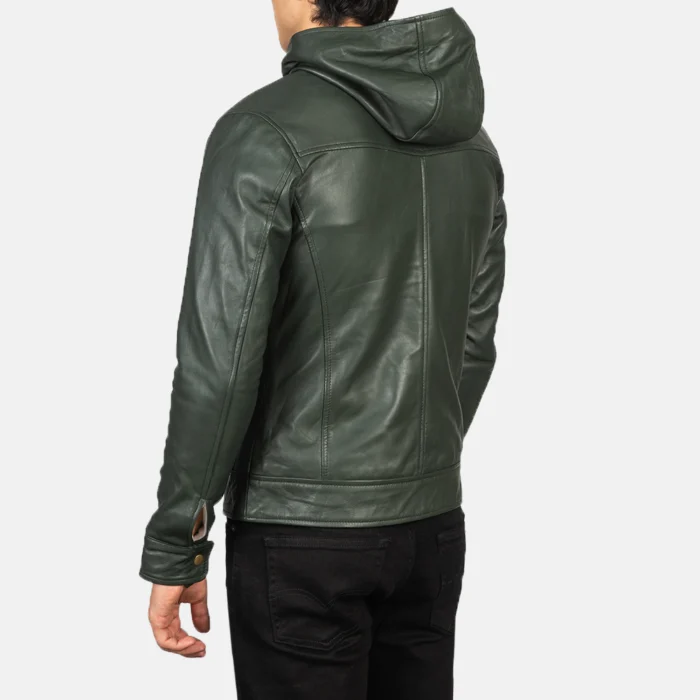 Men Bomber leather Jacket Dark Green With Hood