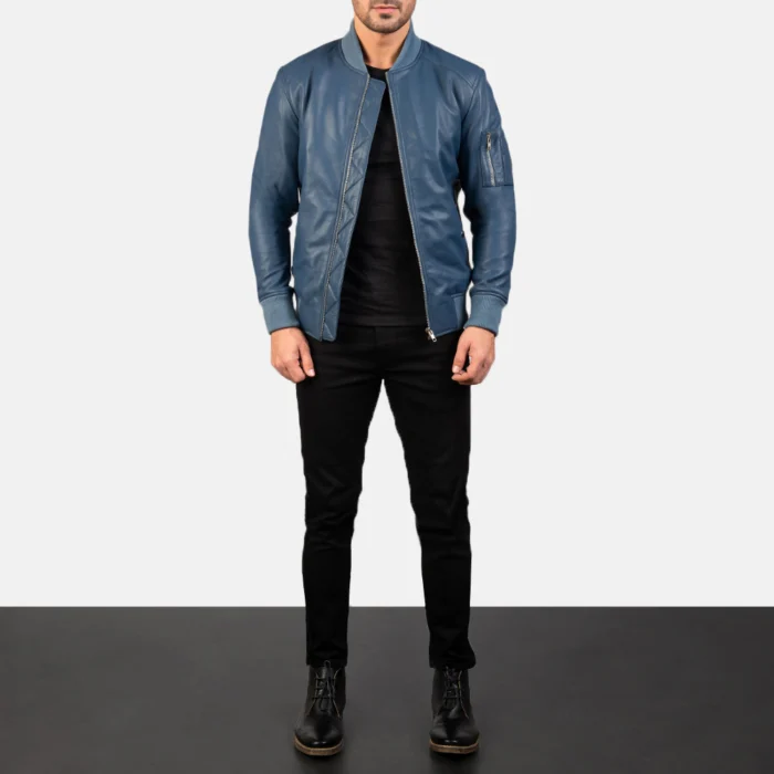 Men Bomber Blue Leather Jacket