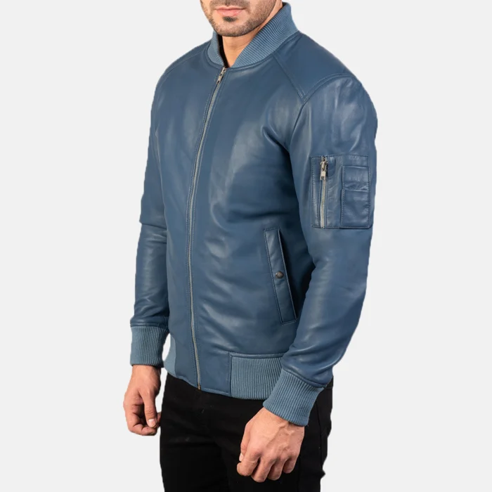 Men Bomber Blue Leather Jacket