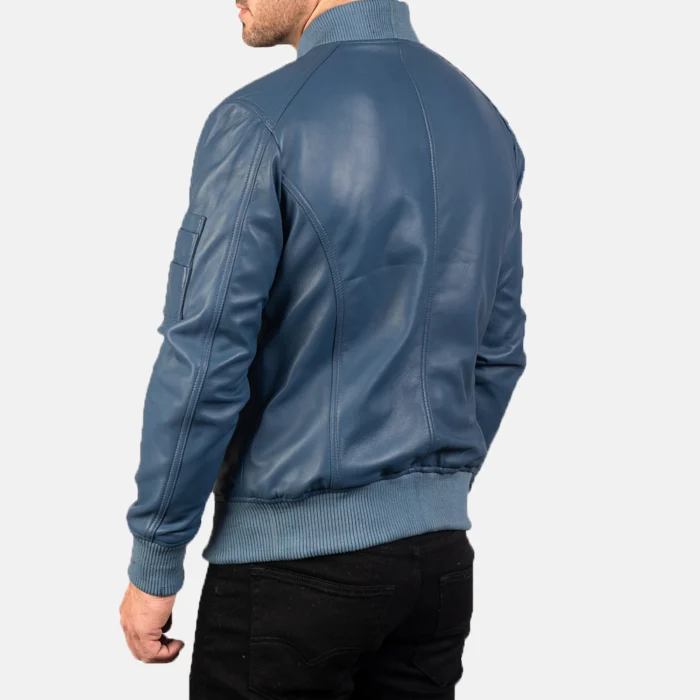 Men Bomber Blue Leather Jacket