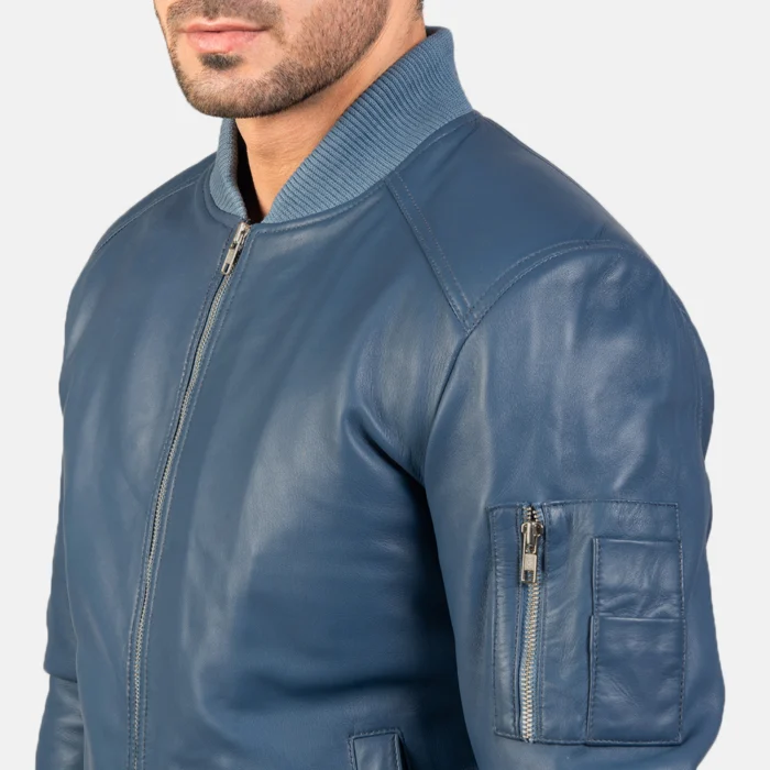 Men Bomber Blue Leather Jacket