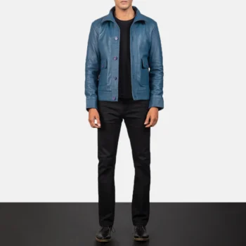 Blue Bomber Leather Shirt Jacket