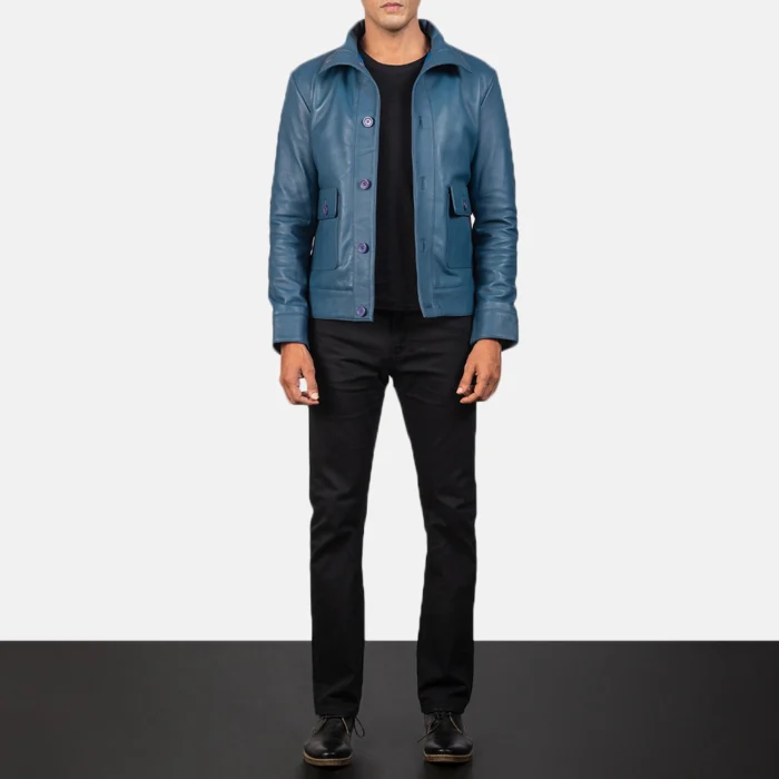 Blue Bomber Leather Shirt Jacket