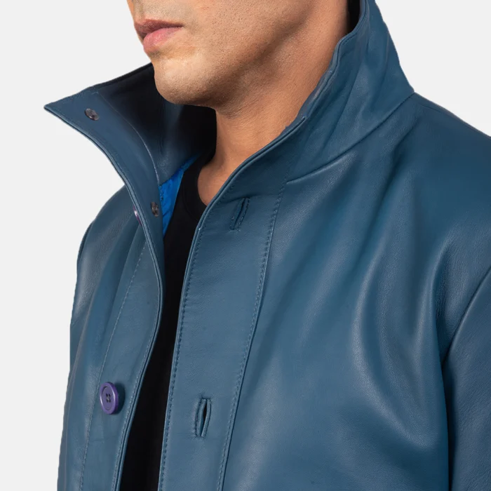 Blue Bomber Leather Shirt Jacket