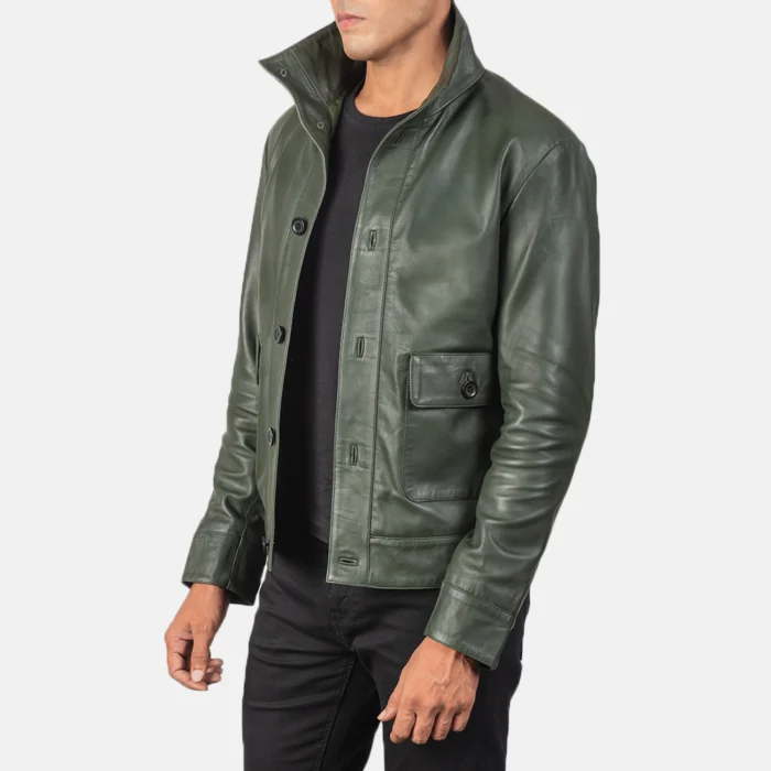 Green Bomber Leather Shirt Jacket