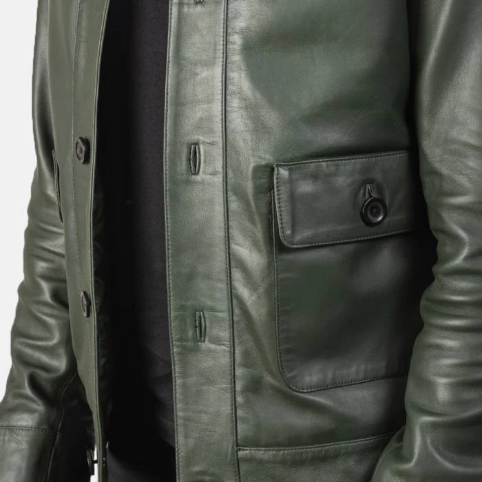 Green Bomber Leather Shirt Jacket