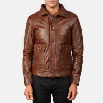 Brown Bomber Leather Shirt Jacket