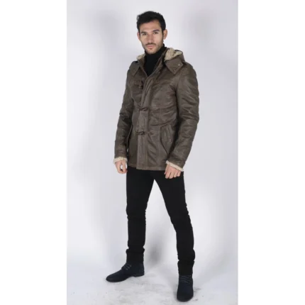 Brown Men Leather Hooded Coat