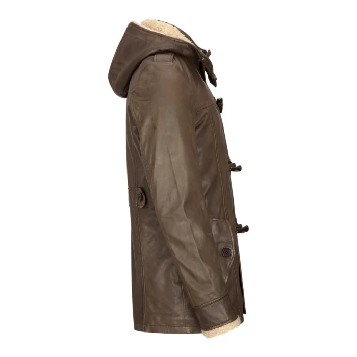 Brown Men Leather Hooded Coat