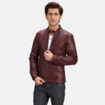 Quilted Burgundy Biker Jacket Men