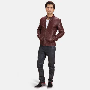 Quilted Burgundy Biker Jacket Men