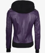 Women Purple Hooded Leather Jacket