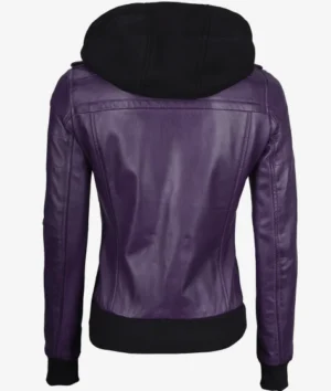 Women Purple Hooded Leather Jacket