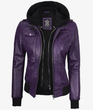 Women Purple Hooded Leather Jacket