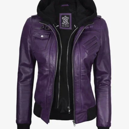 Women Purple Hooded Leather Jacket