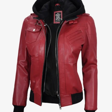 Women Red Hooded Leather Jacket