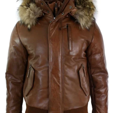 Fur Collar Dark Brown Leather Jacket With Hood