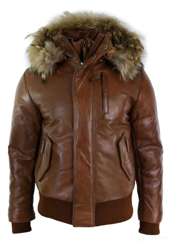 Fur Collar Dark Brown Leather Jacket With Hood